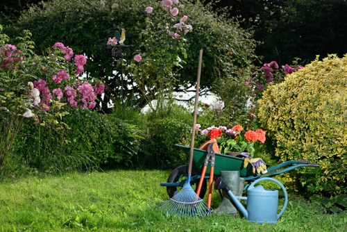 Operative preparing for hedge trimming with protective gear